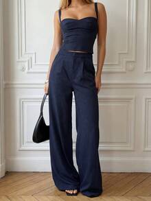 两件套女士通勤套装：条纹吊带背心 + 阔腿宽松休闲裤 夏季 - 藏蓝色 - 查看 1