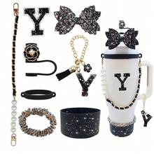 Stanley Cup Accessories Set For 40oz & 30oz Tumbler With Handle,Including Straw Topper,Boot,Water Bottle Handle Strap,Straw Bow Decorate,Bracelets,Letter Charm,Initials Sticker,Cup Ring(Black Y) - 黑Y - 查看 2