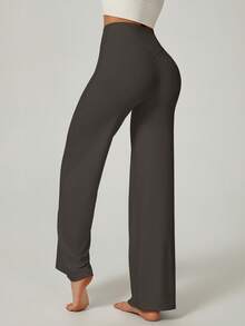 NcmRyu 1pc Women Solid Color Loose Fit High Waist Wide Leg Sports Pants - Coffee Brown - View 7