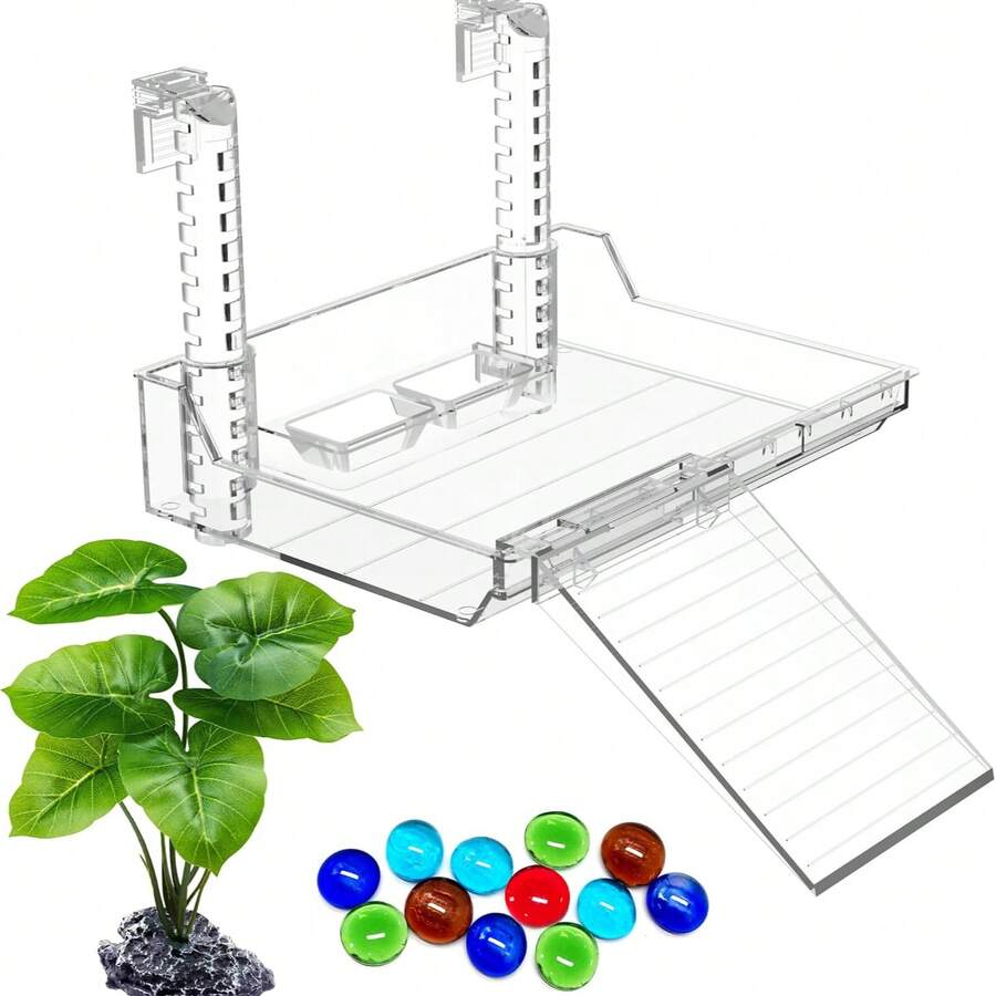 Large Acrylic Turtle Basking Platform With Feeding Dish And Adjustable Ramp, Non-Slip And Durable, Height Adjustable Hanging Shelf. Suitable For Small Turtles, Reptiles And Aquatic Pets (Large Set) - View 1