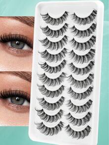 假睫毛 10对 仿貂毛假睫毛 16mm 纤细睫毛 3D 蓬松猫眼假睫毛套装 浓密批发条状假睫毛 - 黑色 - 查看 1