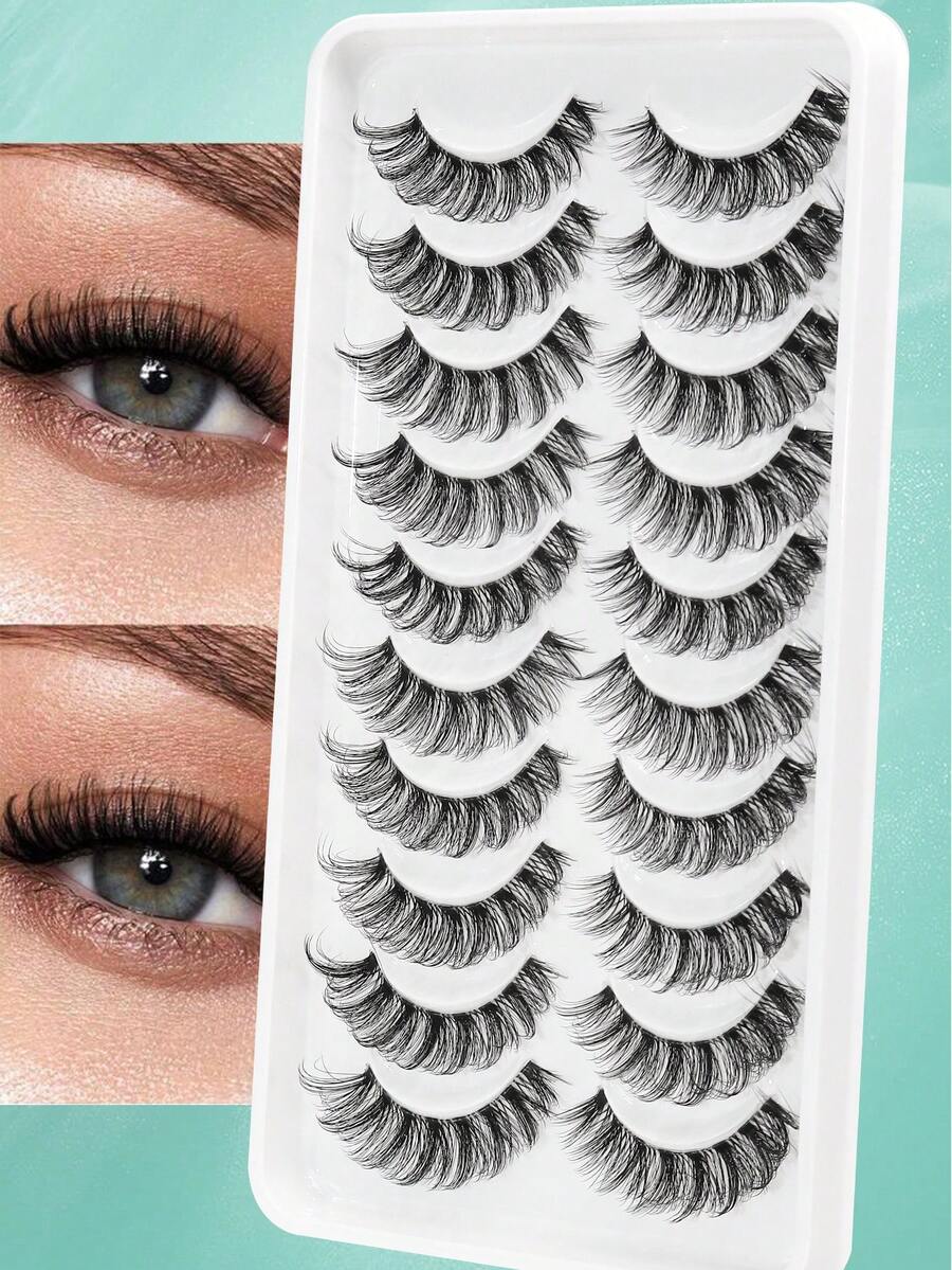 假睫毛 10对 仿貂毛假睫毛 16mm 纤细睫毛 3D 蓬松猫眼假睫毛套装 浓密批发条状假睫毛 - 黑色 - 查看 1