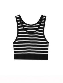 Áo tank top dệt kim kẻ sọc, áo croptop ôm dáng cho nữ, chất liệu vải ngẫu nhiên. - Đen và trắng - Xem 4