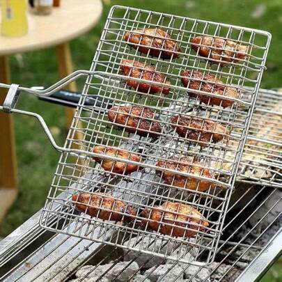 1 Giỏ nướng BBQ dung tích lớn, kiểu lưới hình chữ nhật, giỏ nướng BBQ bằng kim loại, tuyệt vời để nướng cá, cánh gà, đùi gà, bít tết, tôm và rau củ, hoàn hảo cho các buổi dã ngoại ngoài trời, cắm trại và tiệc nướng sân vườn, chuẩn bị thức ăn cho cắm trại.