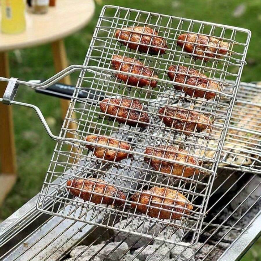 1个大容量烧烤篮,长方形网格设计,金属材质,非常适合烹饪鱼、肉、鸡翅/鸡腿、牛排、虾和蔬菜,适合户外野餐、露营和后院烧烤,以及露营烹饪。 - A - 查看 1