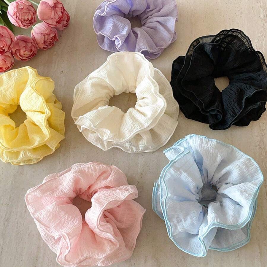 1pc Korean Style Minimalist Solid Color Multi-Layer Pleated Plaid Hair Scrunchie, Suitable For Daily Commute Wear Ponytail Hair Ties Elastics Rubber Bands - Multicolor - View 1