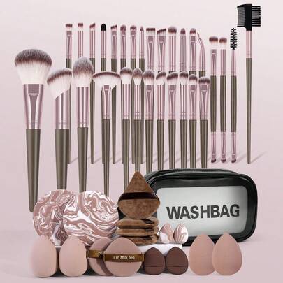 MAANGE 30/47件套专业面部化妆工具套装，包含30支专业化妆刷套装+1个收纳袋+16个水粉扑套装，化妆刷包括粉底刷、腮红刷、散粉刷、眼影刷、高光刷、鼻影刷、修容刷、眉刷、唇刷、睫毛刷，便携式化妆刷套装，旅行化妆刷套装，送给女性和女孩的母亲节礼物。