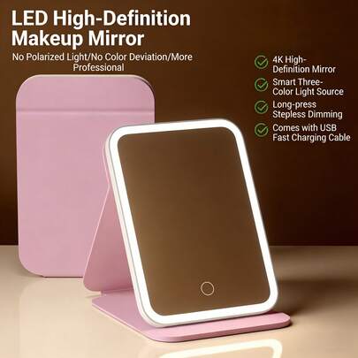 Espejo de maquillaje de viaje de cuero, espejo de maquillaje portátil con iluminación LED de 3 temperaturas de color y regulación táctil infinita, recargable por USB, plegable y ultradelgado, adecuado para dormitorio, baño, tocador, maquillaje de oficina, gran regalo para el Día de la Madre, mujeres, cumpleaños, graduación