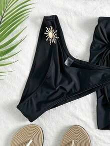 3pcs Solid Color Tankini Swimwear Set, Wide Strap Design With Underwire For Comfortable Support, Fashionable Beach Style, Perfect For Summer Beach And Pool Party Vacation - 黑色 - 查看 7