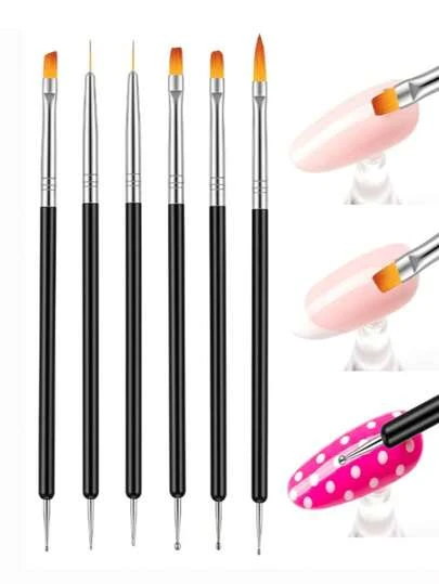 Bộ dụng cụ vẽ móng nghệ thuật 6 món, gồm cọ vẽ móng hai đầu, bút kẻ viền móng, dụng cụ chấm móng, phụ kiện làm móng tại nhà và salon.