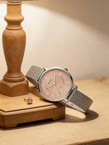 Reloj de cuarzo ligero para mujer: Caja de acero inoxidable + Esfera de cristal, versátil para uso diario ES5089 - Rosa - Ver 3