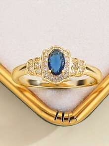 1pc Vintage Oval Blue Sapphire Ring, Encrusted Design Niche Luxury Elegant Everyday Commute Fashion Ring - Ring - View 4