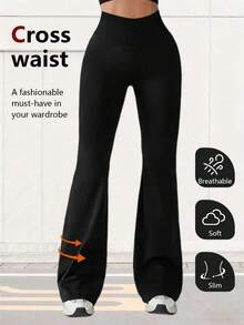 Women's Solid Color Flare Yoga Pants With High Waist Tummy Control, Loose Fit Flared Leg Design, Breathable Stretch Fabric, Suitable For Outdoor Sports, Home Leisure, Daily Wear, All Ages Women's Casual Sportswear For Spring And Summer (This Item Runs Small, We Suggest You Go One Size Up.)  | Joggers For Women | Mallas De Mujer | Yoga Pants | Licras Para Mujer | Atv Riding Outfit Women | Gym Clothes Women | Workout Sets Women  | Mallas De Mujer | Yoga Pants For Women | Butt Lifting Shorts | Flare Leggings Women | Gym Sets | Dresses For Women Summer | - 黑色(高彈版) - 查看 2