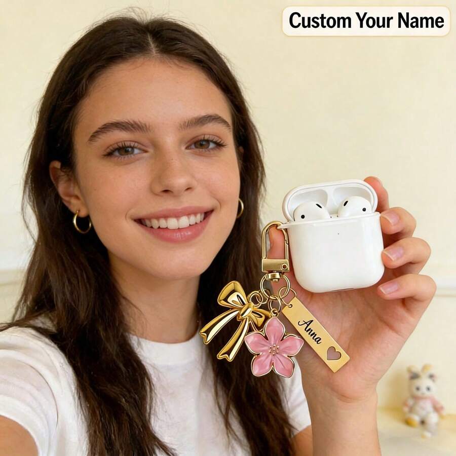 Llavero personalizado con flor y lazo con grabado de nombre, mosquetón dorado, billetera, bolso, llavero de coche, colgante de teléfono, disponible en múltiples colores para mujeres y niñas - Estilo E - Ver 1