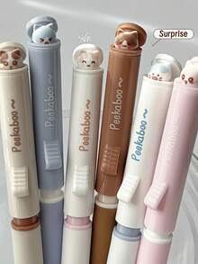 Bộ 6 bút bi hình mèo trốn tìm, ngòi ST, mực gel khô nhanh, cán cầm mềm mại, viết trơn tru, thích hợp cho học sinh làm bài kiểm tra và bài tập về nhà, văn phòng phẩm hoạt hình dễ thương, mực đen 0.5mm. - bút gel - Xem 1