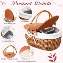 Cesta de mimbre aislada para picnic con tapa cesta de mimbre con asas plegables y bolsa aislante para picnic camping exteriores Pascua día de San Valentín regalo de cumpleaños - Blanco - Ver 3