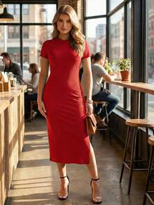 Women's Ribbed Midi Dress, Fitted Bodycon, Short Sleeves, Side Slit, Elegant Look - Rojo - Ver 6