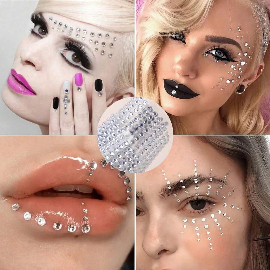 Rhinestone Stickers: Self-Adhesive 3mm Round Acrylic Gems For Crafts, Hair, Face, Makeup, & Eye Corner Decoration. Teardrop & Bling Jewel Stickers Ideal For Prom, Photography, & Worthy Face Makeup Looks - Multicolor - View 1