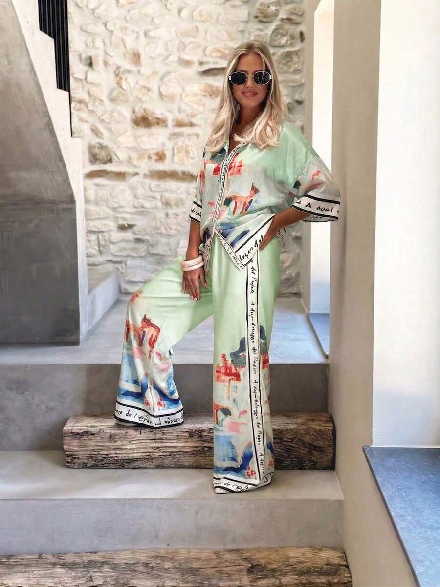 波西米亚风绿色碎花两件套女装,包括一件翻领衬衫和一条飘逸的阔腿裤,非常适合夏季休闲时尚活动,尽显优雅气质。 - 綠色 - 查看 1