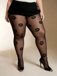 1 Pair Plus Size Black Sheer Stockings With Sexy Black Lip Print Pattern, Suitable For Daily Wear - Black Lips - View 4
