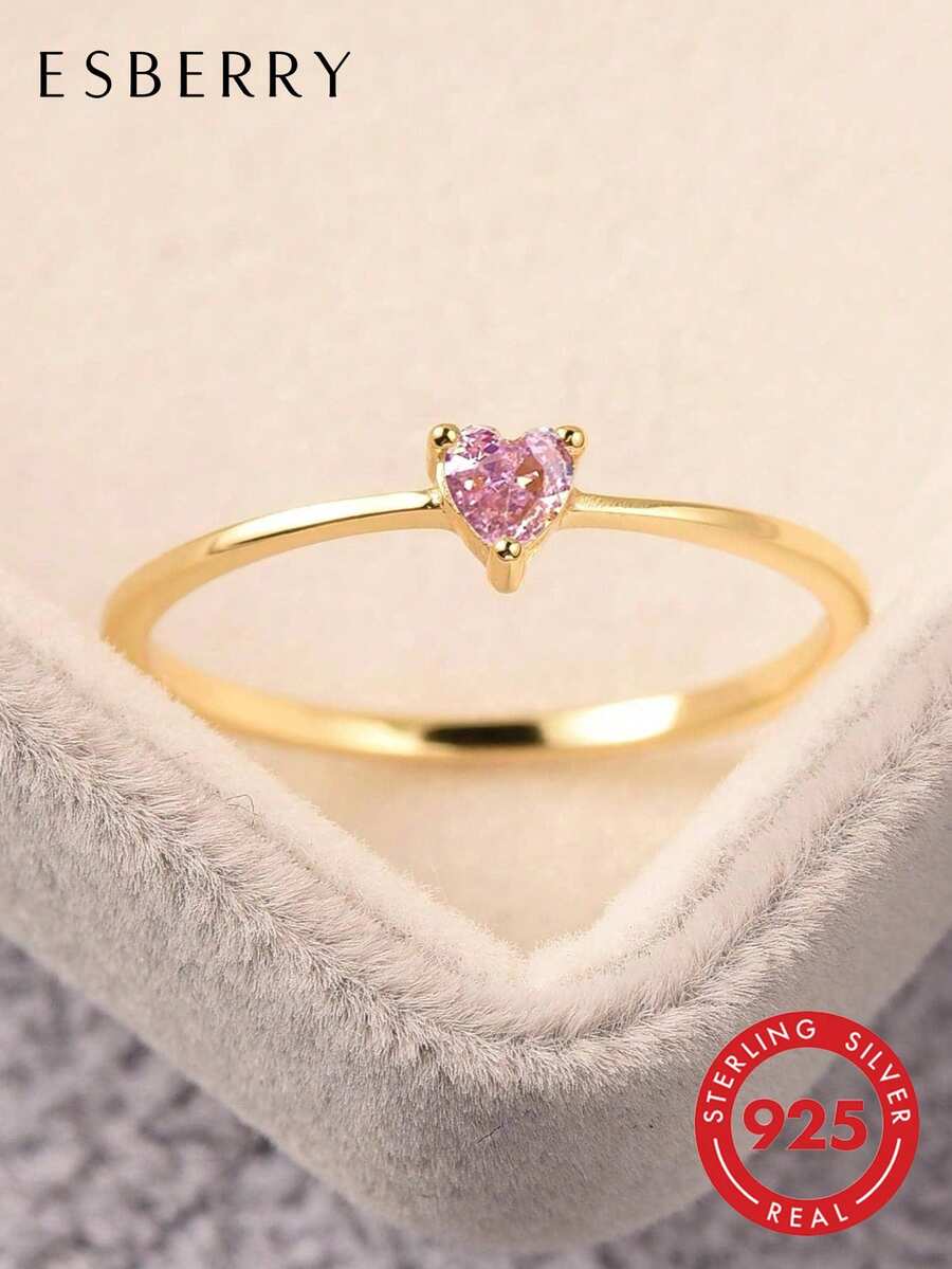ESBERRY 1 chiếc nhẫn bạc Sterling S925 hình trái tim đính đá Zirconia, món quà trang sức thanh lịch dành cho phụ nữ, quà tặng hẹn hò.