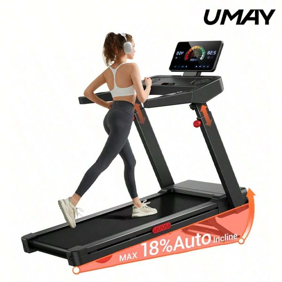 UMAY 18% Auto-Incline Treadmill, Foldable Home Treadmill With 3-Level Adjustable Height And Quiet 3.5 HP Motor, Max. 400LBS