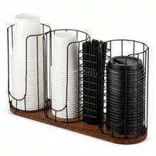 18oz Adjustable Coffee Cup Dispenser Cup Holder Organizer For Storing Paper Cups Straws Lids And Disposable Tableware 4-Compartment Single Layer Black And Brown - Black and Brown - View 7