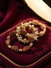 3pcs Vintage Multi-Layer Brown Acrylic Beaded Bracelet, Transformable Gold Chip Bracelet, For Women, Couples, Party, Daily Wear - 多色AA - 查看 3