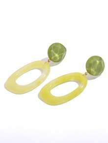 1对极简主义牛油果绿椭圆形夹式耳环，镂空几何吊坠耳环，适合无耳洞人士佩戴 - 綠色 - 查看 5