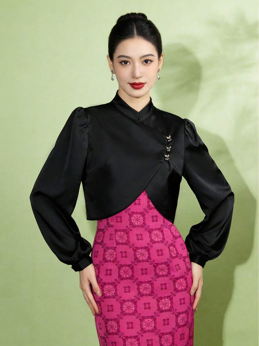1pc Women's Elegant Asymmetric/Asymmetrical Long Sleeve Blouse, Solid Black Color, Spring/Summer - Black - View 1