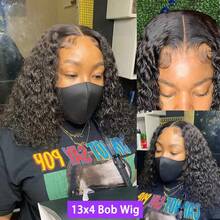 180%密度深波浪短波波头假发 13x4蕾丝前额假发 预拔毛巴西真人发 4x4蕾丝闭合卷曲波波头假发 - Natural Black - 查看 4