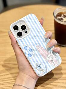 1pc Fresh Blue & White Striped Surfboard Phone Case, Wavy Wrinkle Design, Suitable For IPhone 17 Pro Max/17 Pro/16 Pro Max/16 Pro/16/15 Pro Max/15 Pro/15/14 Pro Max/14/13 Pro Max/13 Pro/13/12 Pro Max/12 Pro/12/11, Dustproof Waterproof Shockproof Soft Case - White - View 4