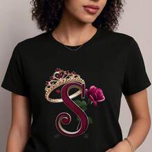 Camiseta Decorada con Corona de Rosas y Letra S para Mujer- 1pcs, 180Gsm, 100% Cotton - Negro - Ver 4
