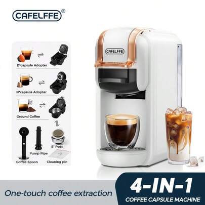  Cafelffe 4-In-1 Capsule Coffee Machine, 19 Bar Automatic Home Coffee Maker For Cold & Hot Brew, Compatible With Nes*/D Series Capsules/ESE Coffee Bags/Ground Coffee, Instant Heating Fast Coffee Brewing, Compact Design For Home Use
