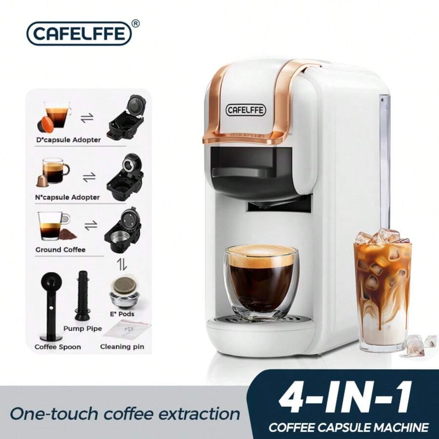 Cafelffe 四合一胶囊咖啡机，20 巴全自动家用咖啡机，冷热两用，兼容 NES*/D 系列胶囊/ESE 咖啡包/咖啡粉，即时加热，快速制作咖啡，小巧设计，适合家庭使用