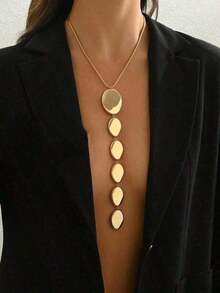 2pcs Geometric Asymmetrical Hammered Metal Texture Oversized Long Pendant Necklace & Earrings Set, Personalized Jewelry Set, Snake Bone Chain Y-Necklace, Pendant Necklace, Party/Formal Dress Jewelry Set - 黃金3 - 查看 2
