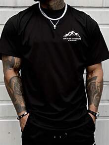 Áo thun nam tay ngắn in hình núi đơn giản thường ngày - màu đen - Xem 5