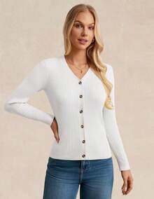 Women's Long Sleeve Button Up Cardigan Sweaters Ribbed Knit Open Front Casual - Bright White - View 3