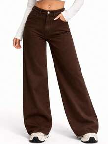 Women's Wide Leg Jeans, High Waist, Butt Lifting Design - 棕色 - 查看 1