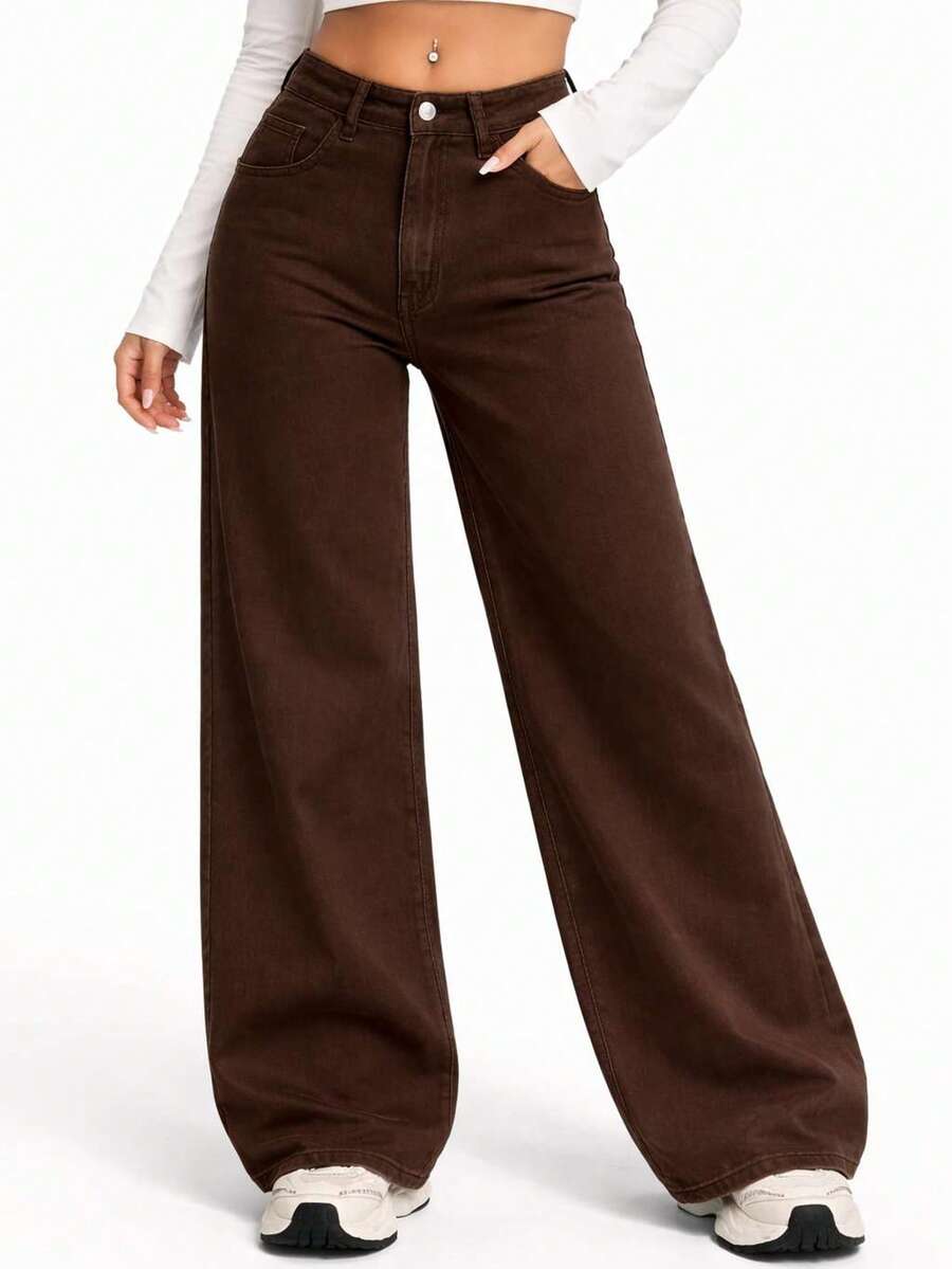 Women's Wide Leg Jeans, High Waist, Butt Lifting Design - 棕色 - 查看 1