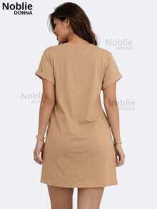 Women's Cotton T-Shirt Dress Printed Casual Loose 100% Cotton - Màu be - Xem 2