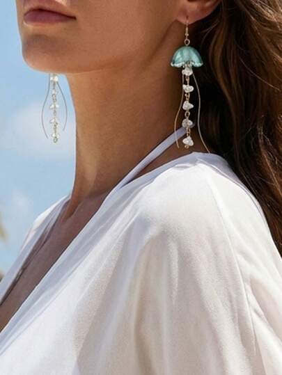 1 par de pendientes de borla de medusa transparente azul claro, diseño de nicho elegante, ideal para vacaciones en la playa, cómodo y versátil para mujeres