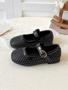 Girls' White Grid Rhinestone Mary Jane Flats, Adjustable Buckle Soft Sole Princess Party Shoes - Black - View 4