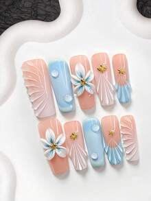 10pcs Ocean Embossed Handmade Nail Art Set, Including Gel Nail Kit, Starfish & Mini Gold Bead Nail Decor, Handmade 5-Petal Flower & Shell Embossed Nail Art, Blue Nail Polish, Fresh Summer Style, Comes With Nail Tools (1 Jelly Sticker + 1 Nail File), 3 Sizes Suitable For Almond, Duck, Coffin Nails, Suitable For Party, Daily, Party, Photography, Spring/Summer Commute - Multicolor - View 17