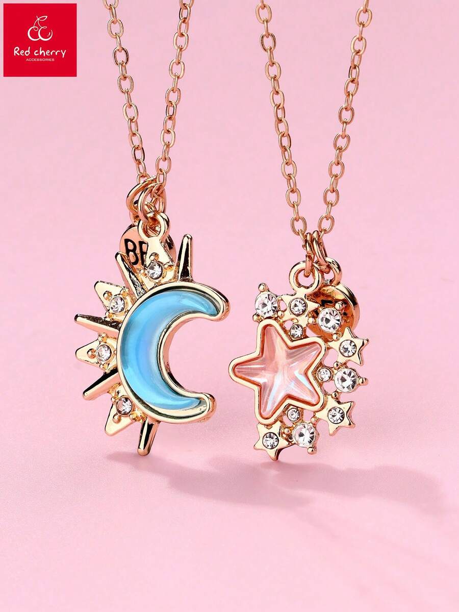 2件套儿童时尚闺蜜项链套装，包含太阳、星星、月亮吊坠，适合日常佩戴、送礼、节日佩戴 - 彩色 - 查看 1