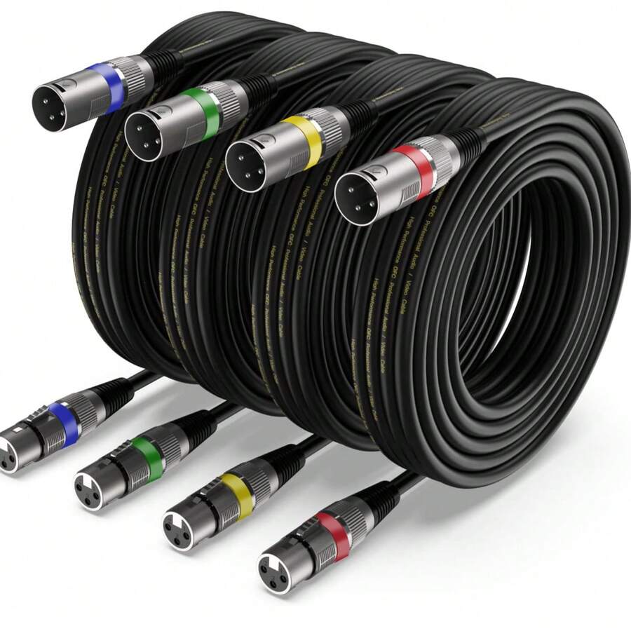 4pcs 4.6m 8-Shaped Balanced PVC XLR Male To Female Cable, Multi-Color (Red, Yellow, Green, Blue), Round Coded, Plug & Play, Audio Transmission, Suitable For Mixer/PA System/Recording Studio - Black - View 1