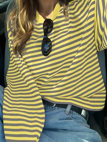 SDNGED Women's Casual Top, Striped Color Block Ribbed Fabric, Everyday Wear Spring/Autumn - Yellow Gray - View 2