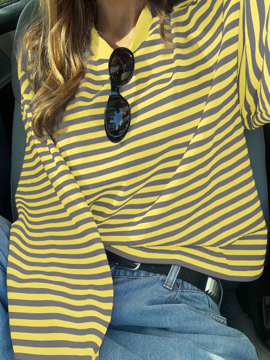 SDNGED Women's Casual Top, Striped Color Block Ribbed Fabric, Everyday Wear Spring/Autumn