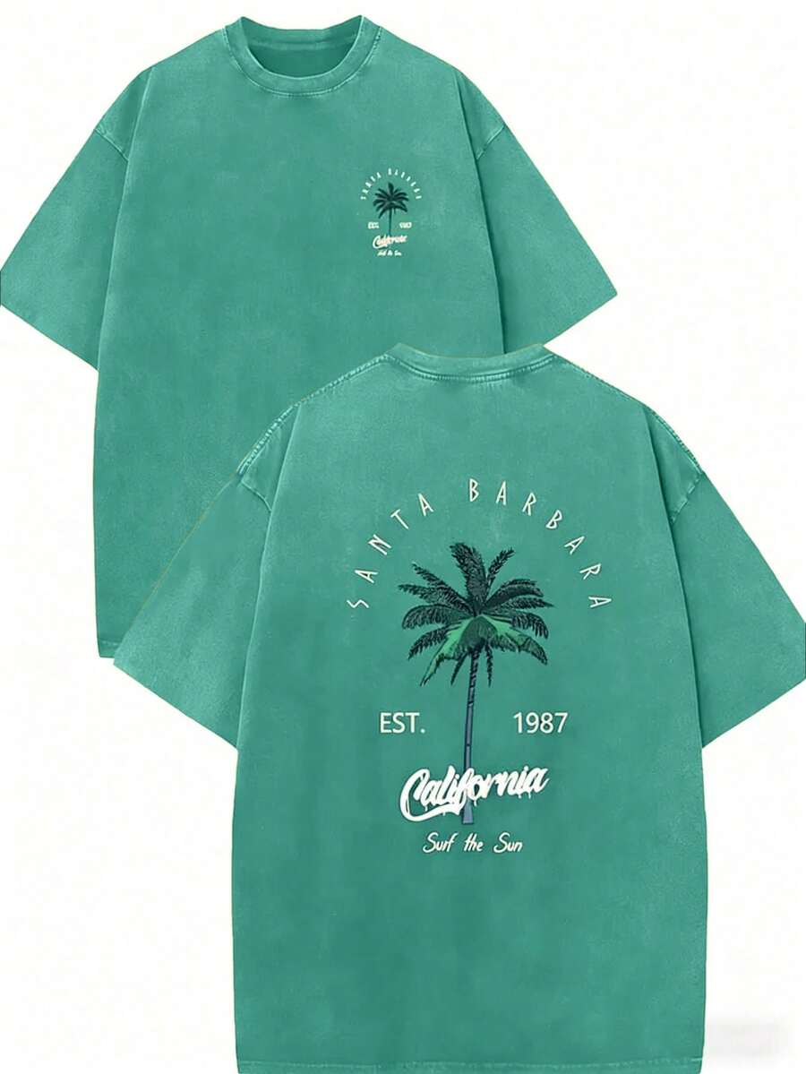 100% Cotton Double-Sided Santa Barbara Palm Tree Print Tee Unisex, Washed Short Sleeve Top, Y2K Streetwear Gift For Boyfriend Husband Daily Outfit - 薄荷綠 - 查看 1
