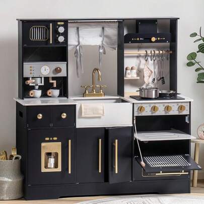 Robotime Children's Wooden Play Kitchen - Large, Realistic Play Kitchen Set With Oven, Ice Maker, And Coffee Maker, Interactive Role-Play Gift For Kids Ages 3+ (Black/White)